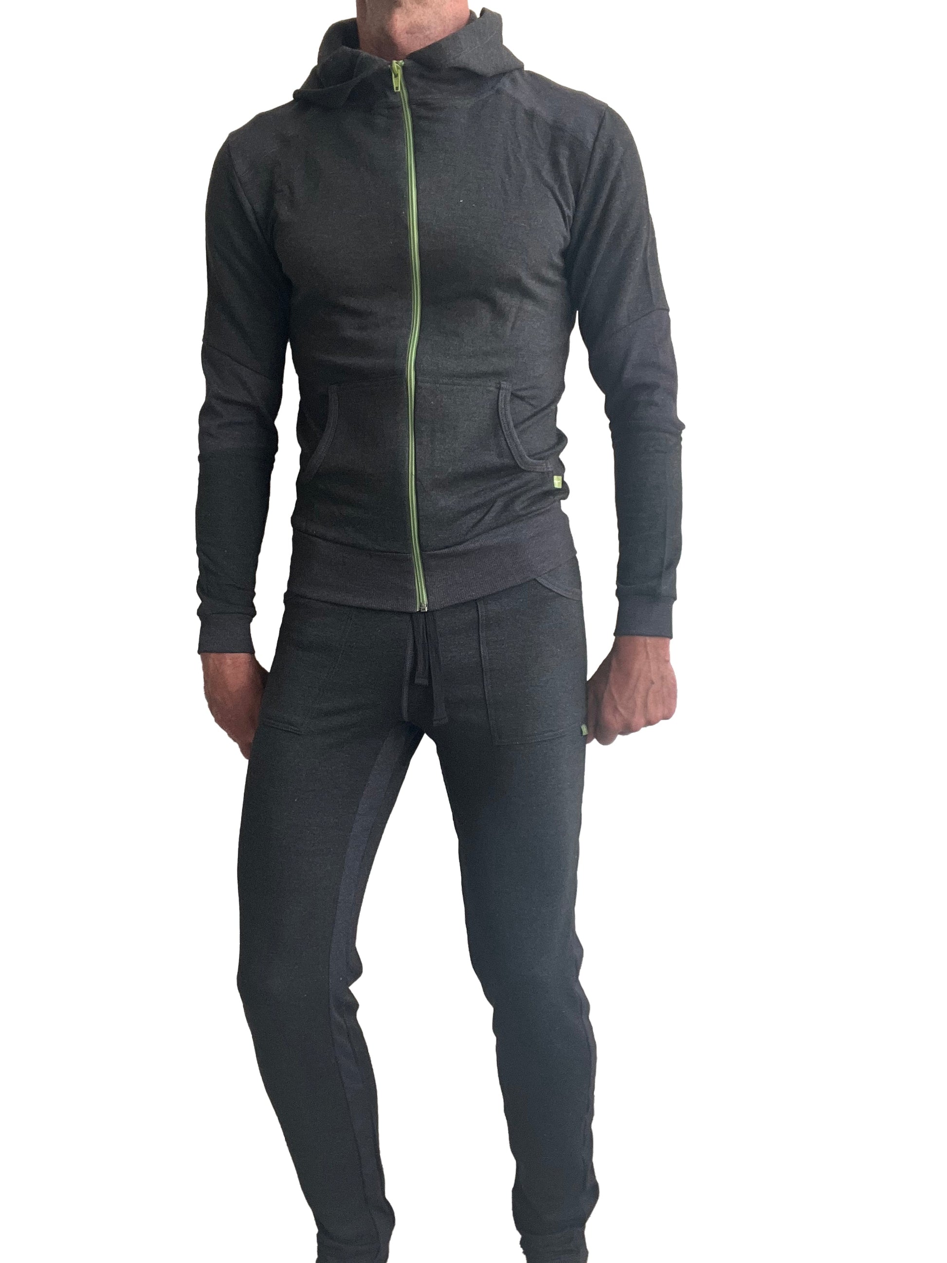 Black zip-up hoodie with neon green zipper and matching mid-weight luxury fleece charcoal sweat pant set