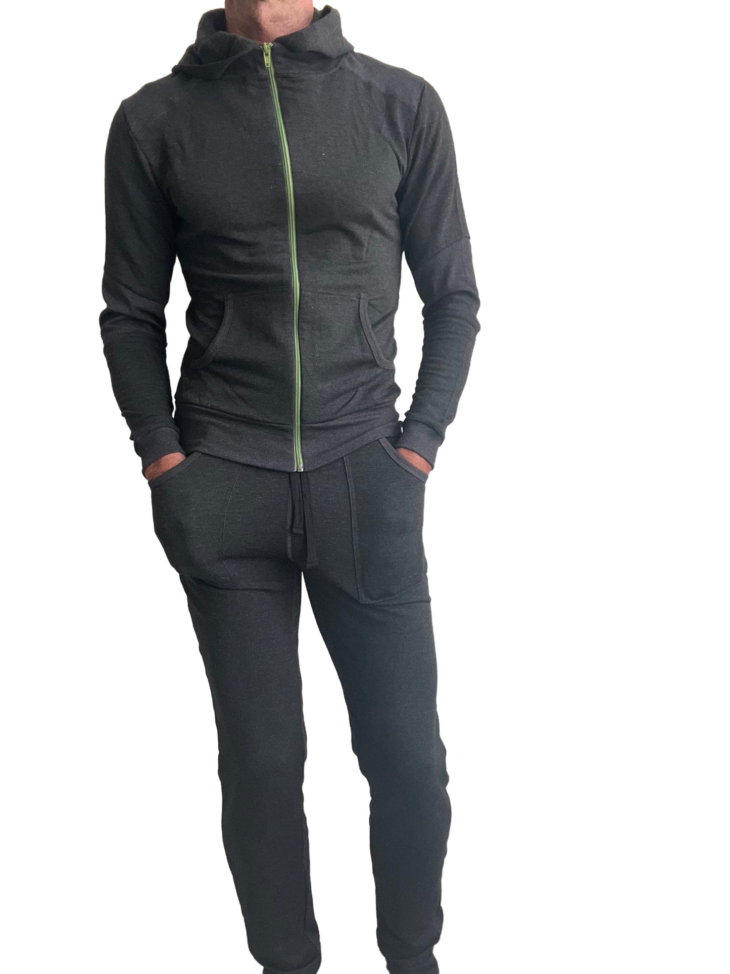 Black zip-up hoodie with lime green zipper and charcoal mid-weight luxury fleece joggers from winter collection