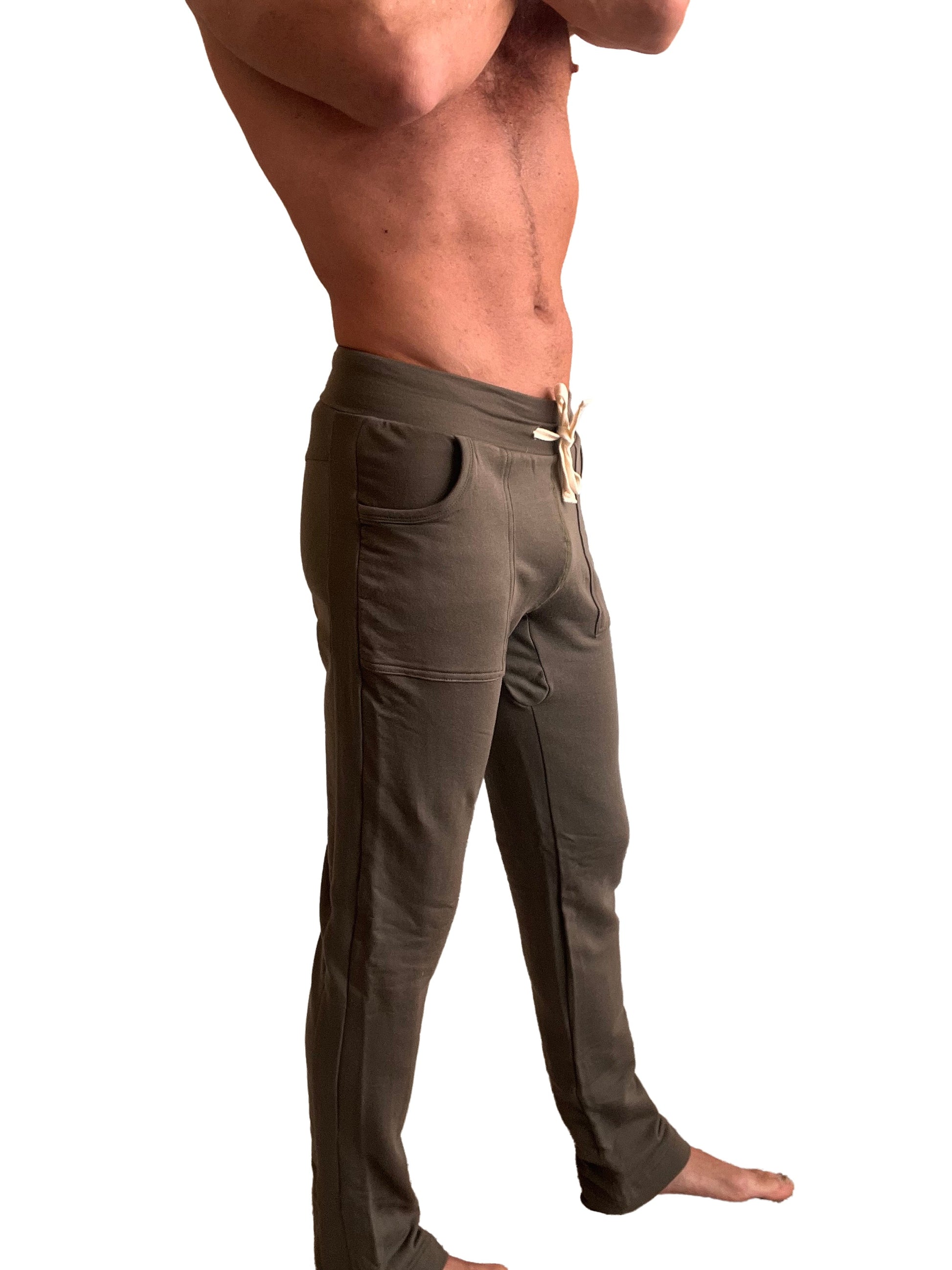 Olive green mid-weight luxury-fleece joggers with side pockets and drawstring waistband from winter collection