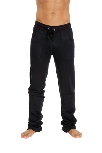 Black mid-weight luxury-fleece track and lounge sweatpant with drawstring and two front pockets from winter collection