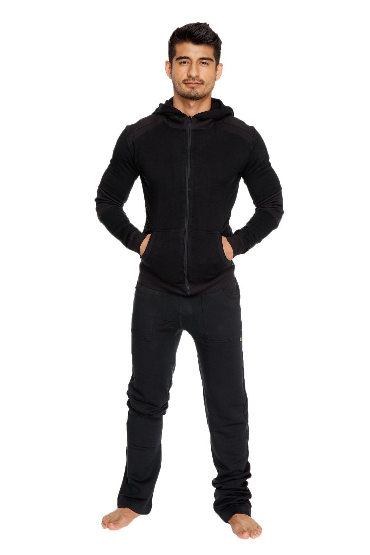 Black zip-up hoodie with long sleeves and front pockets from winter collection mid-weight luxury fleece line