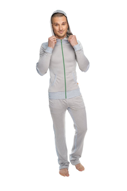 A light gray mid-weight performance-luxe-fleece form-fit yoga track hoodie with green zipper and matching hood