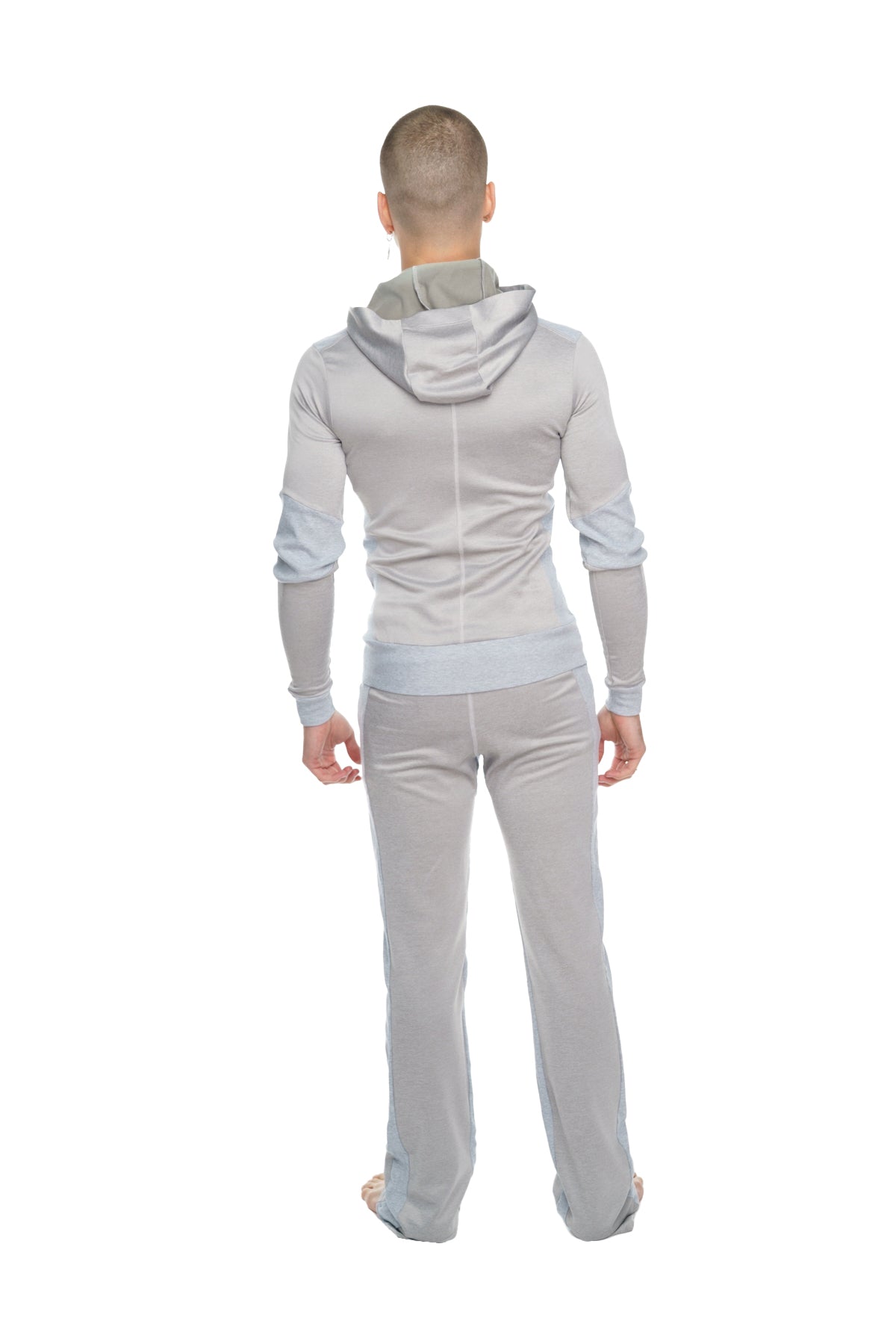 Gray hooded sweatshirt with light blue accents mid-weight performance-luxe-fleece form-fit yoga track hoodie