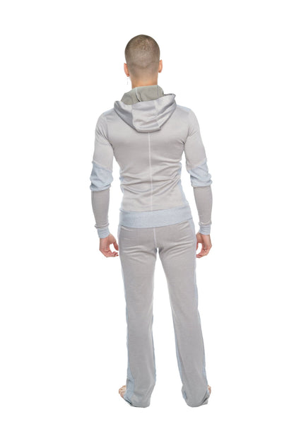 Gray hooded sweatshirt with light blue accents mid-weight performance-luxe-fleece form-fit yoga track hoodie