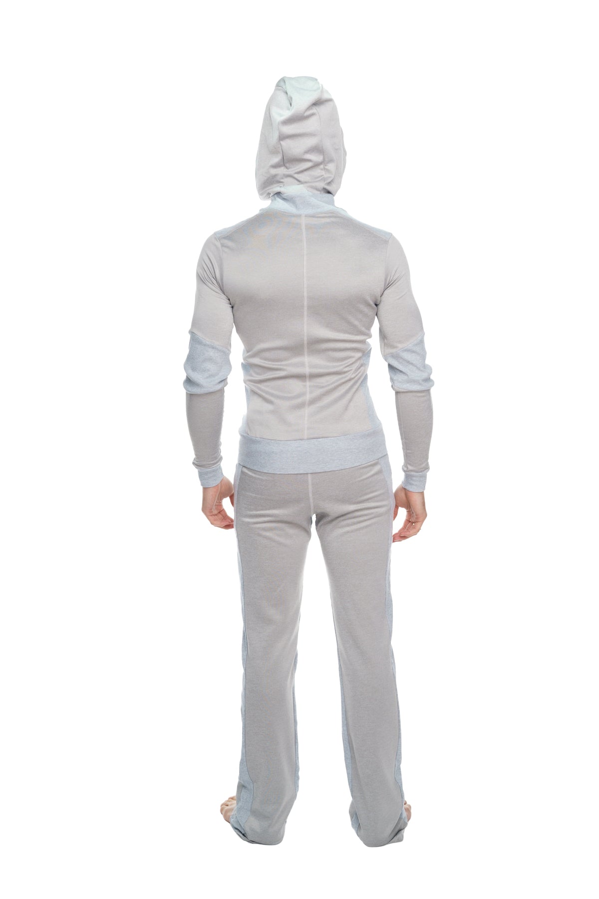Light gray mid-weight performance-luxe-fleece yoga track hoodie and pants set with soft stretchy fabric and subtle seam detailing