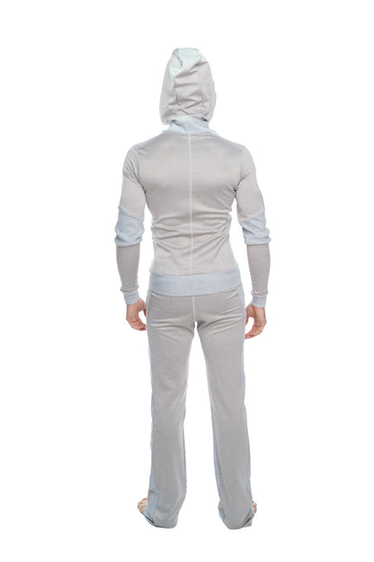 Light gray mid-weight performance-luxe-fleece yoga track hoodie and pants set with soft stretchy fabric and subtle seam detailing