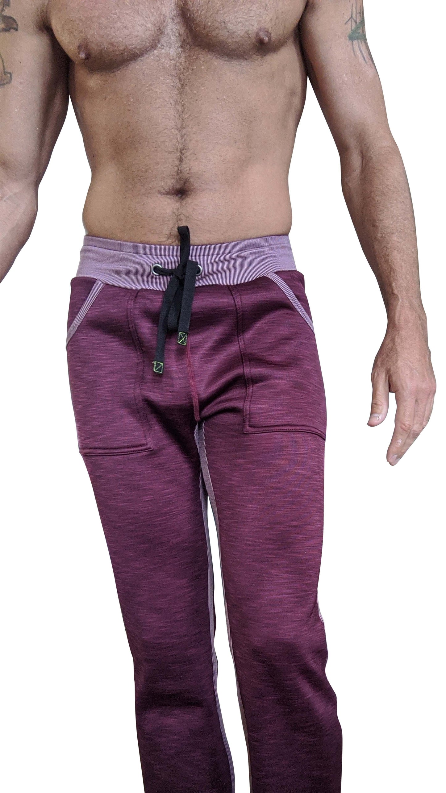 Purple heathered thick-weight fleece sweatpants with lavender elastic waistband and black drawstring for winter lounge