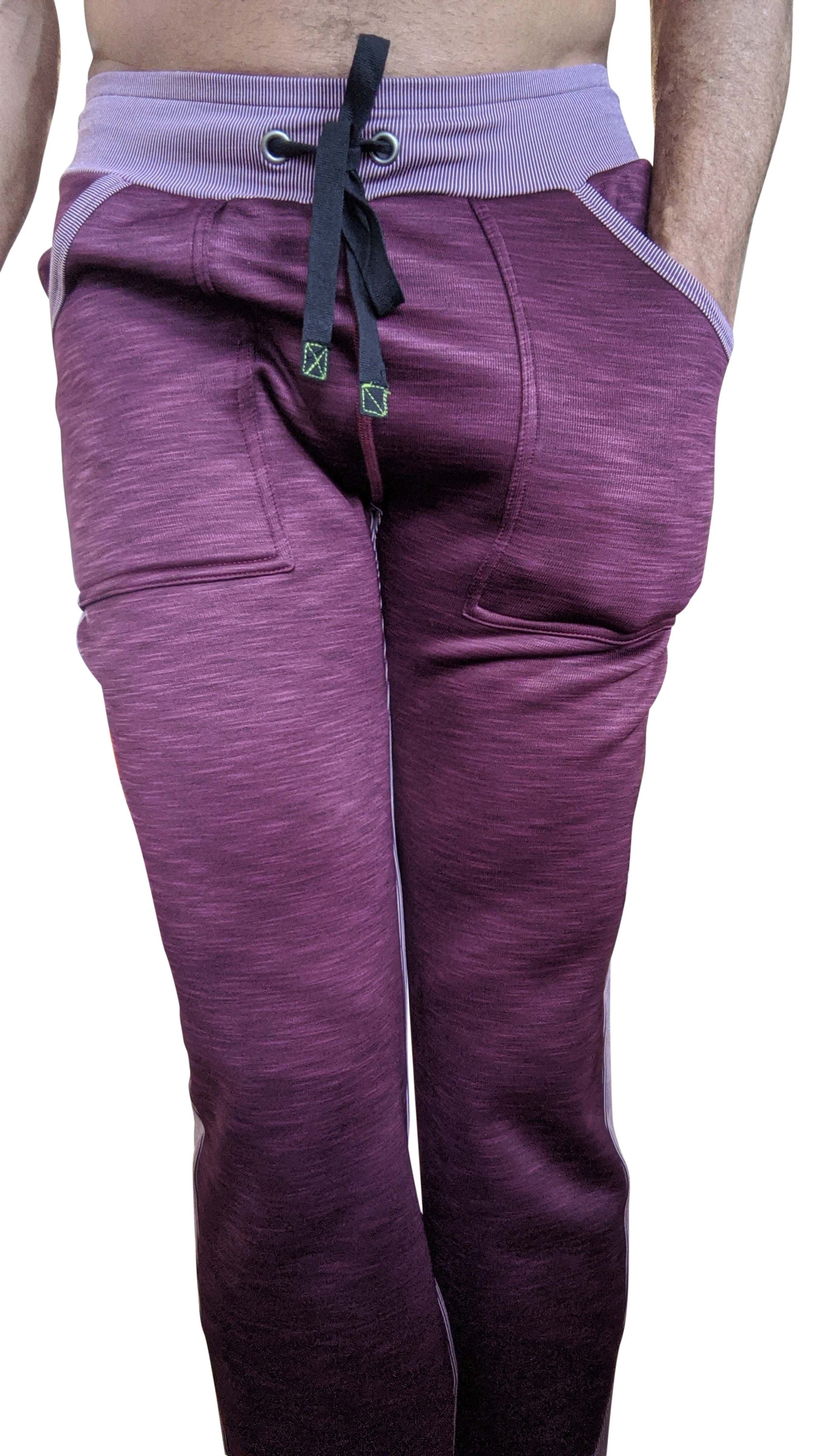 Purple heathered thick-weight fleece sweatpants with striped waistband and black drawstring from winter collection