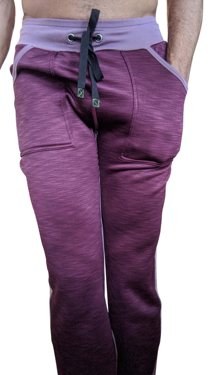 Purple heathered thick-weight fleece sweatpants with striped waistband and black drawstring from winter collection