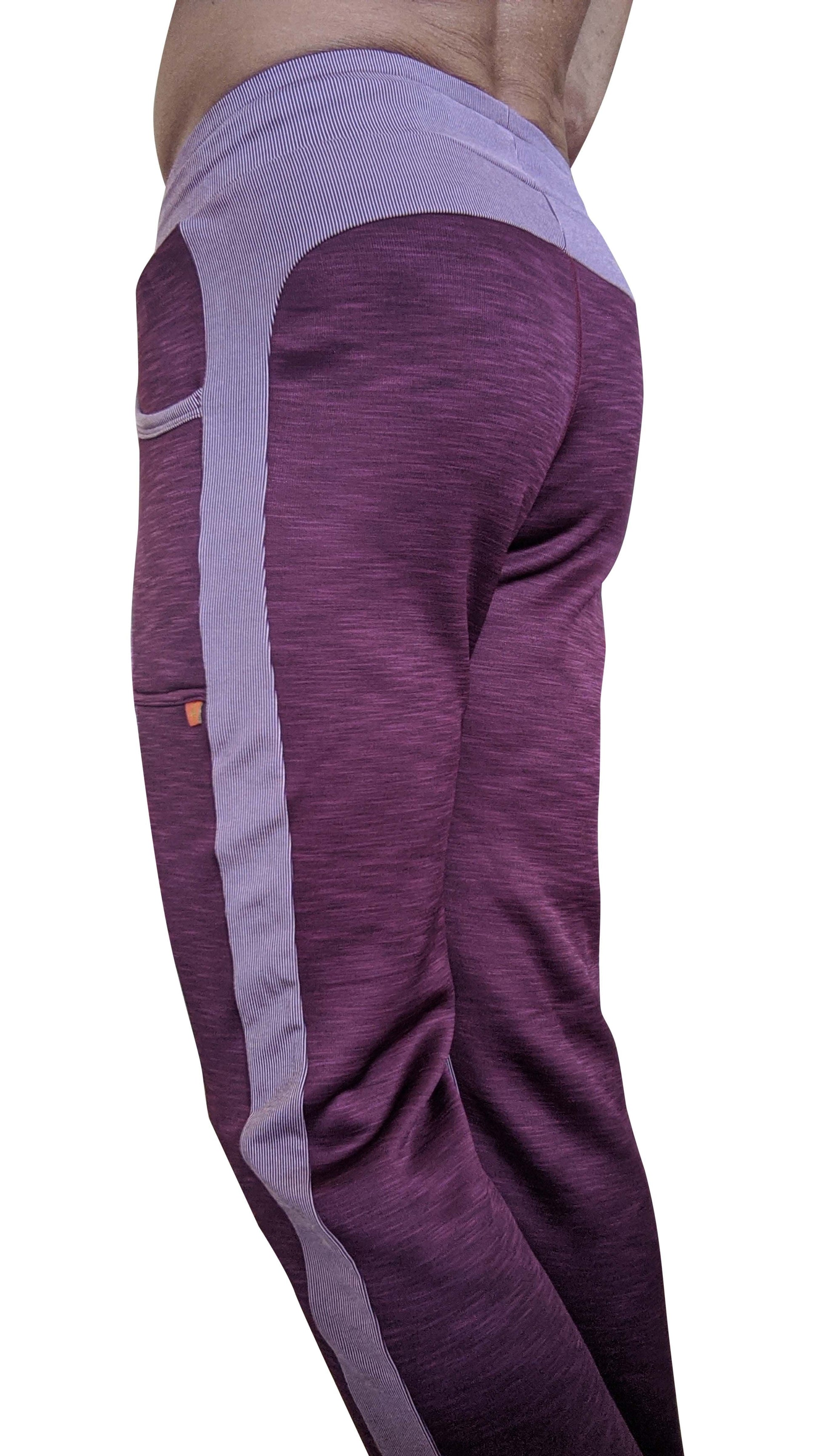 Winter collection thick-weight fleece track pants in plum purple with gray vertical stripes and textured fabric
