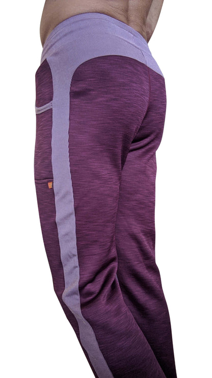 Winter collection thick-weight fleece track pants in plum purple with gray vertical stripes and textured fabric