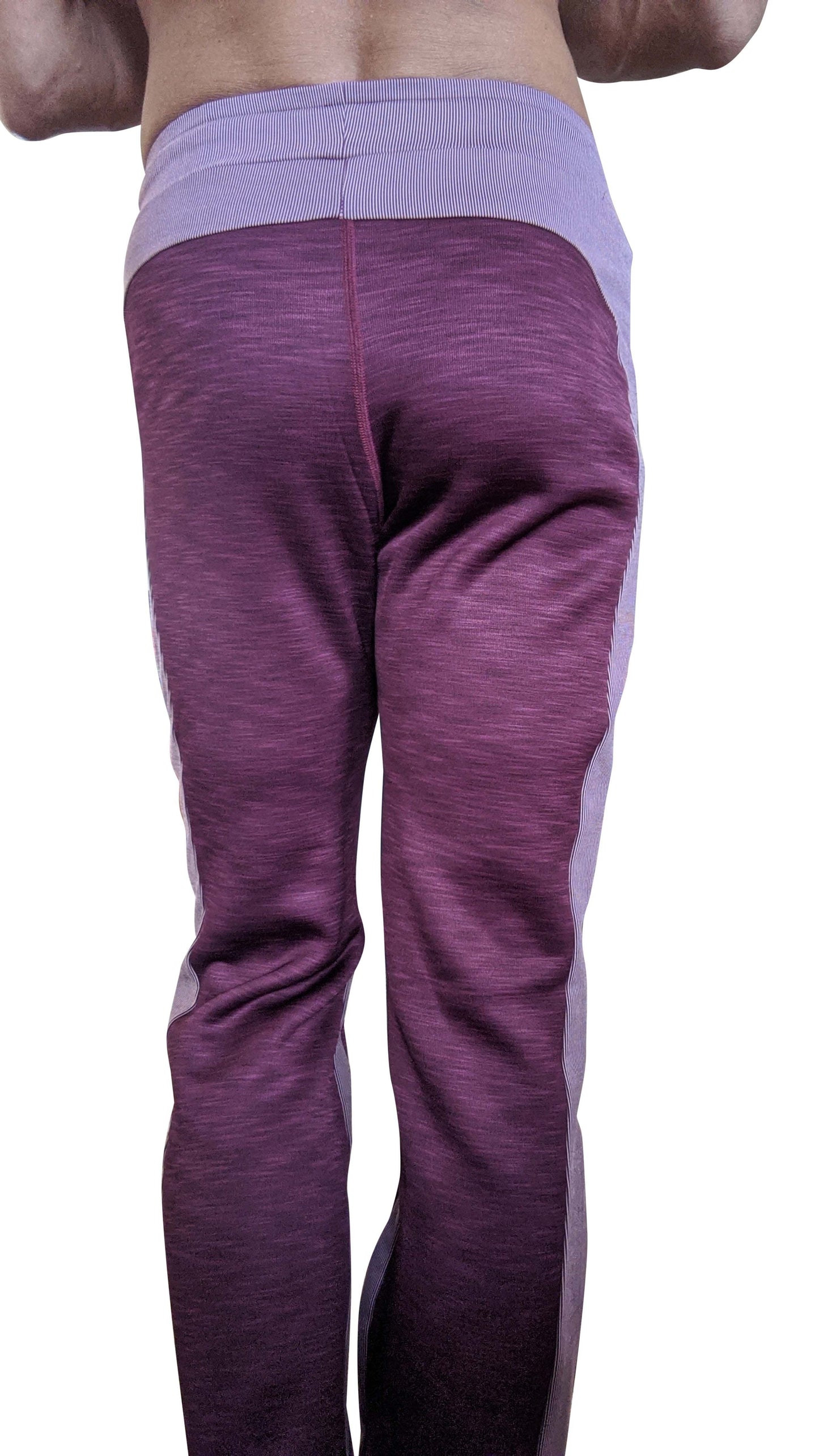 Winter collection plum purple thick-weight fleece track pants with ribbed waistband and lavender side panels