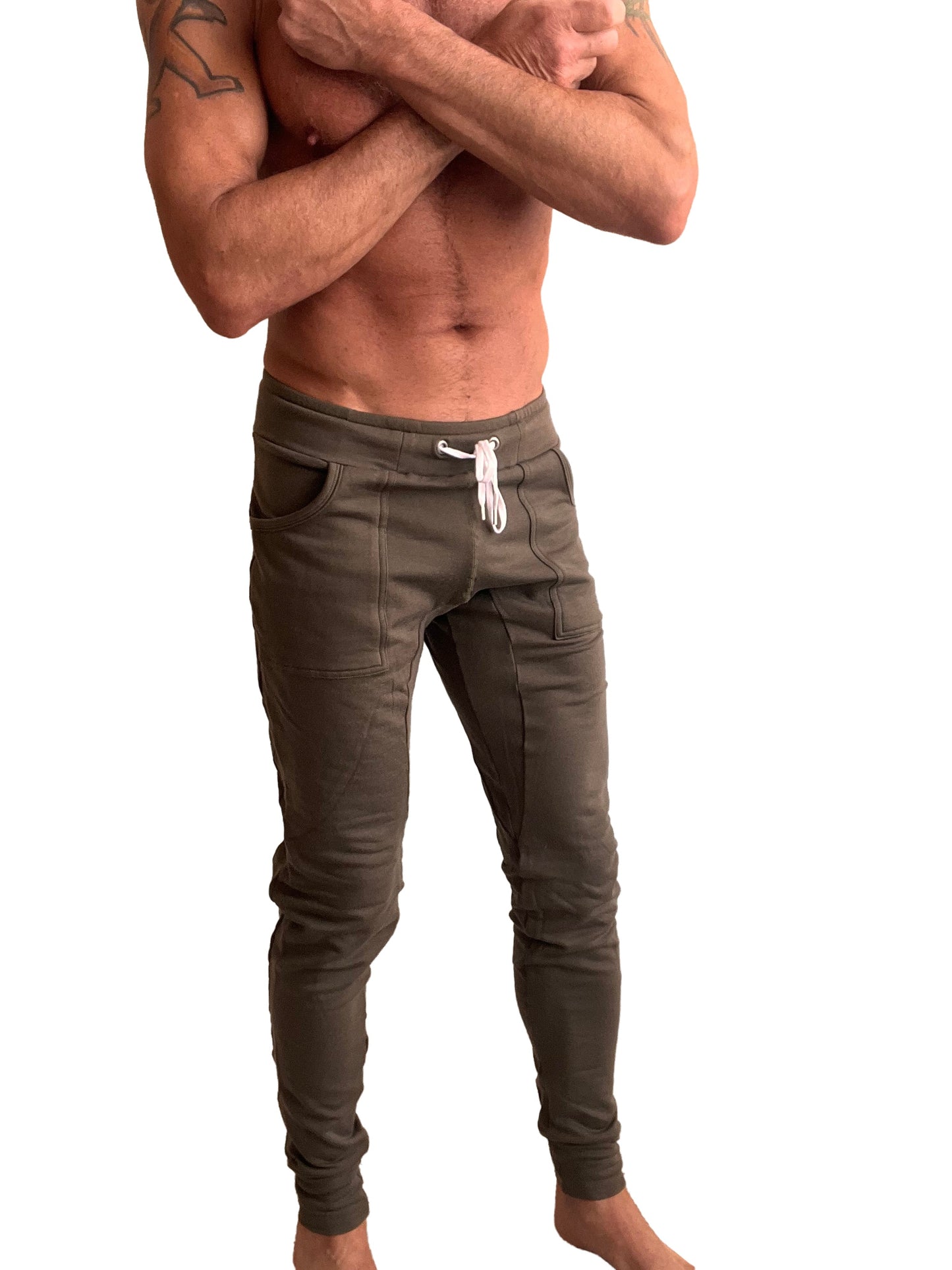 Olive green winter edition luxury fleece jogger pants with white drawstring and side pockets for yoga and casual wear