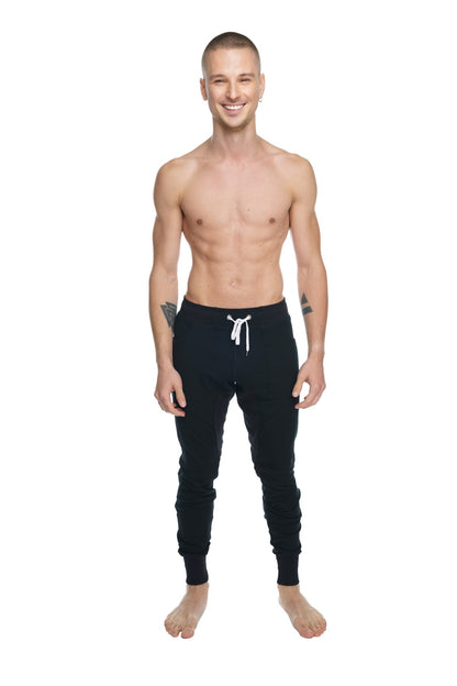 Black winter edition luxury fleece jogger pants with white drawstring waistband and ribbed cuffs for yoga and lounge