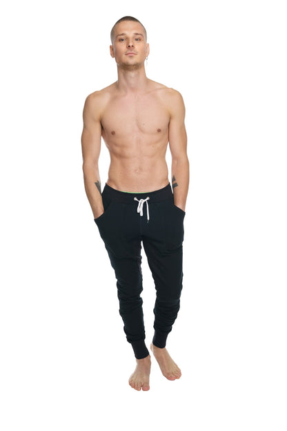 Winter edition luxury-fleece black joggers with white drawstrings and ribbed cuffs for jogging and yoga