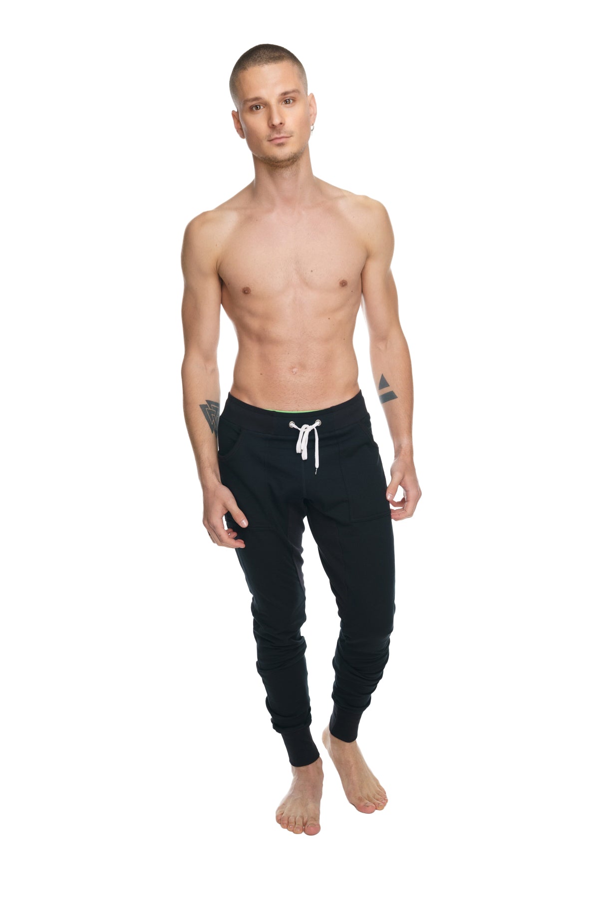 Black winter edition luxury-fleece joggers with white drawstrings and elastic cuffs for yoga and casual wear