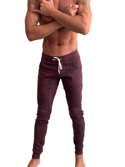 Winter edition luxury-fleece long cuffed jogger pants in dark purple with white drawstring and side pockets