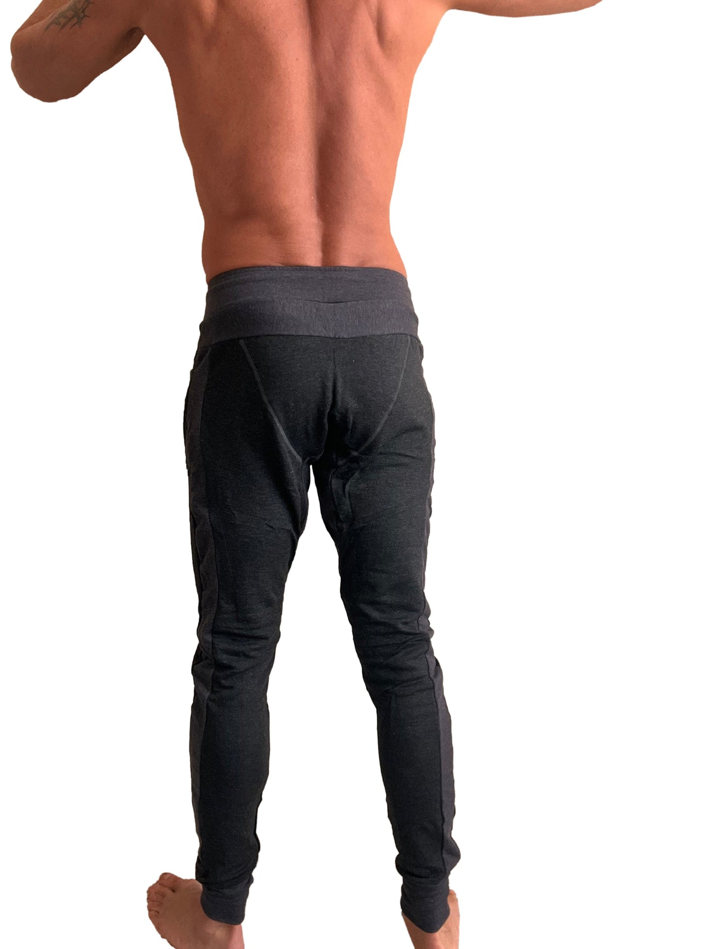 Black winter edition luxury-fleece jogger leggings with snug fit and gray elastic waistband in charcoal color