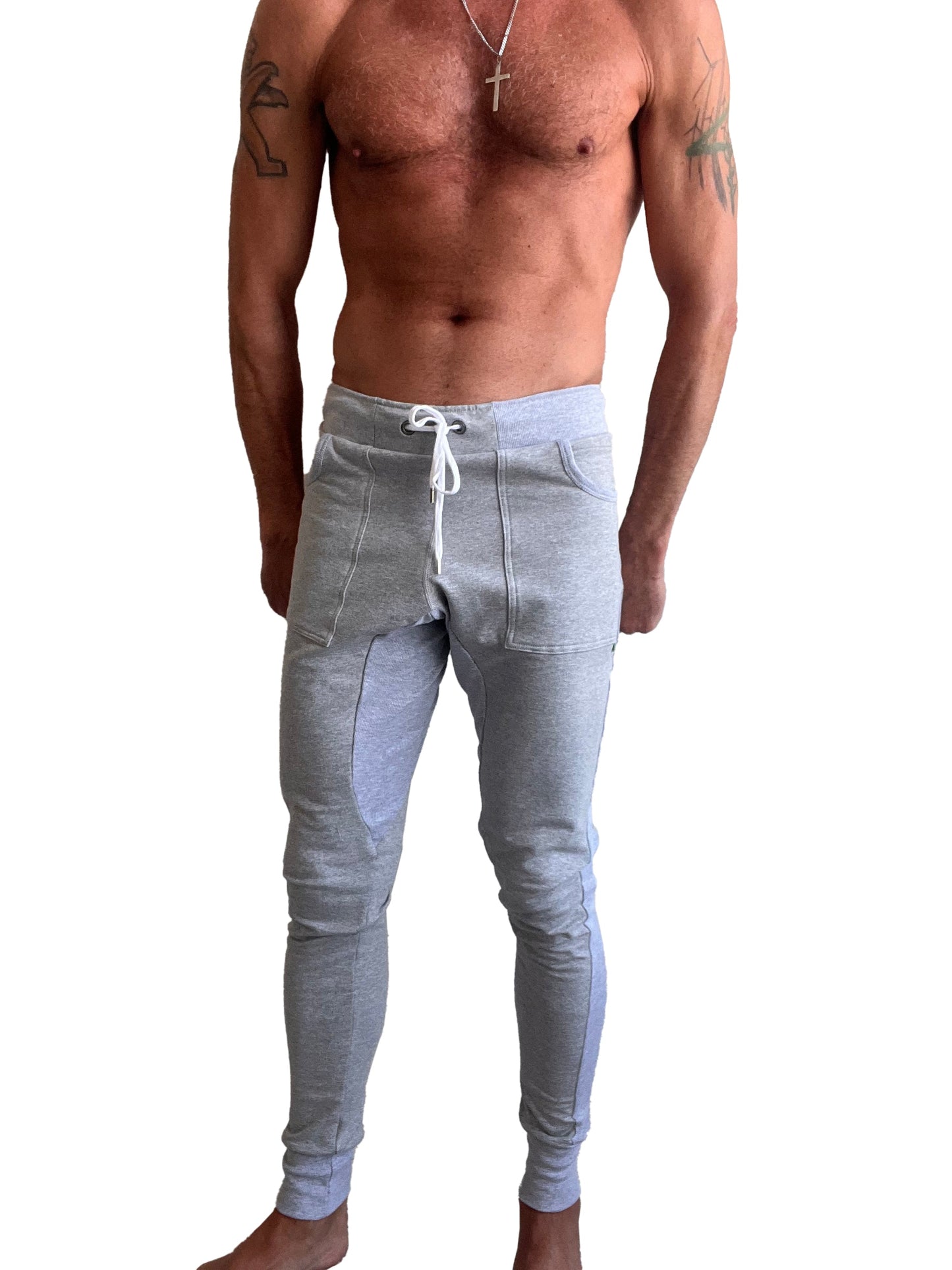 Gray luxury-fleece long cuffed jogger pants with white drawstring waistband and side pockets winter edition