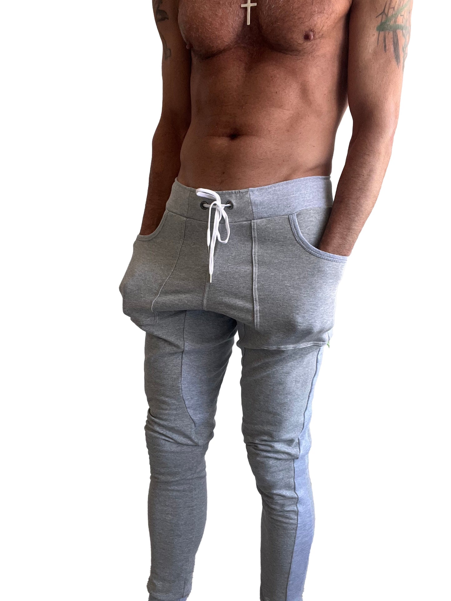 Gray heathered luxury-fleece jogger pants with white drawstring and side pockets for winter edition comfort