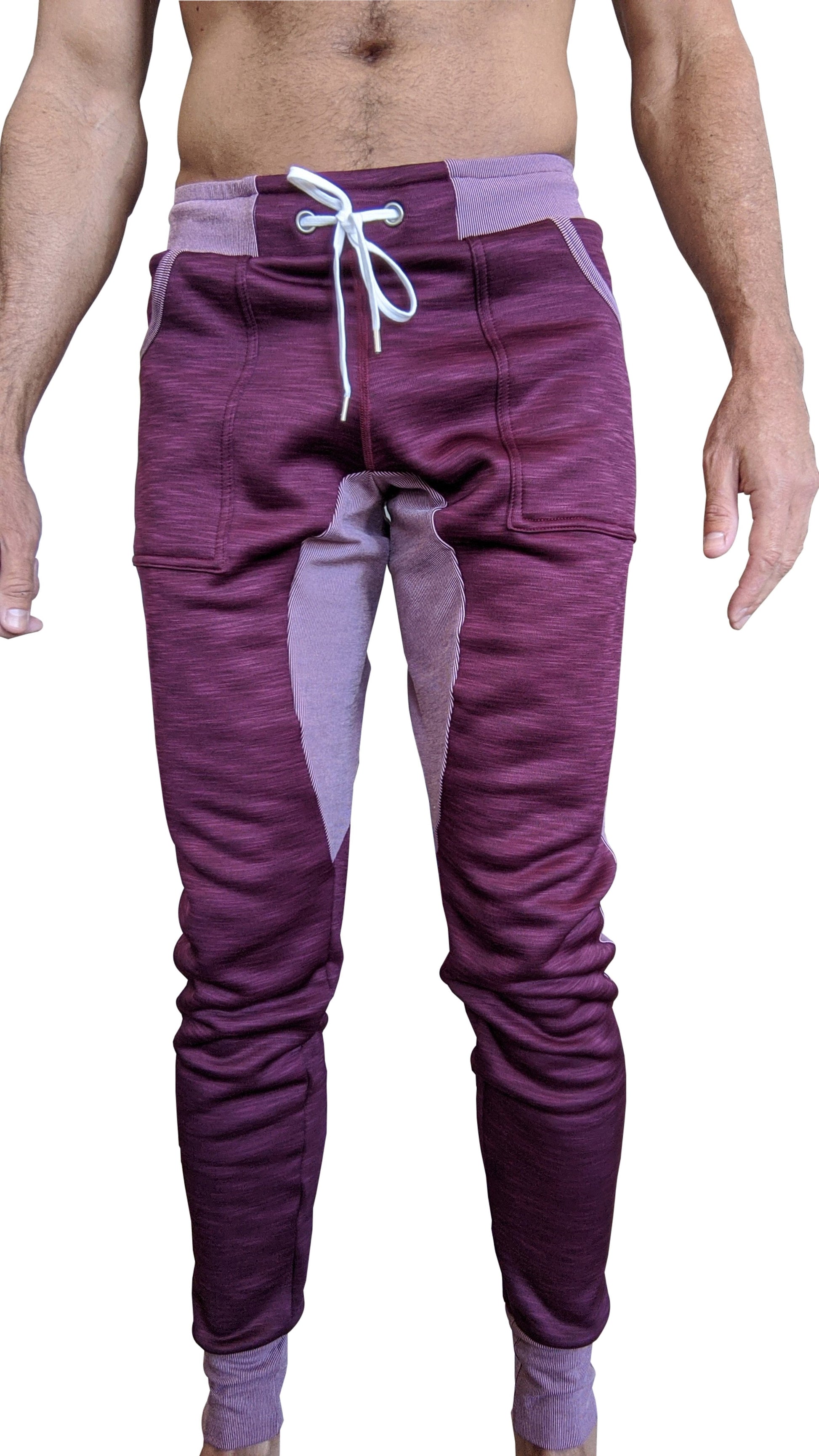 Winter edition performance-luxe-fleece long cuffed joggers and yoga sweat pants in purple and lavender with white drawstring