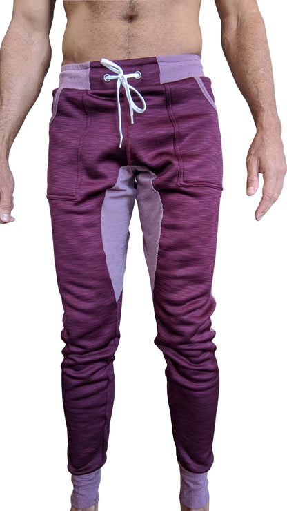Winter edition performance-luxe-fleece long cuffed joggers and yoga sweat pants in purple and lavender with white drawstring