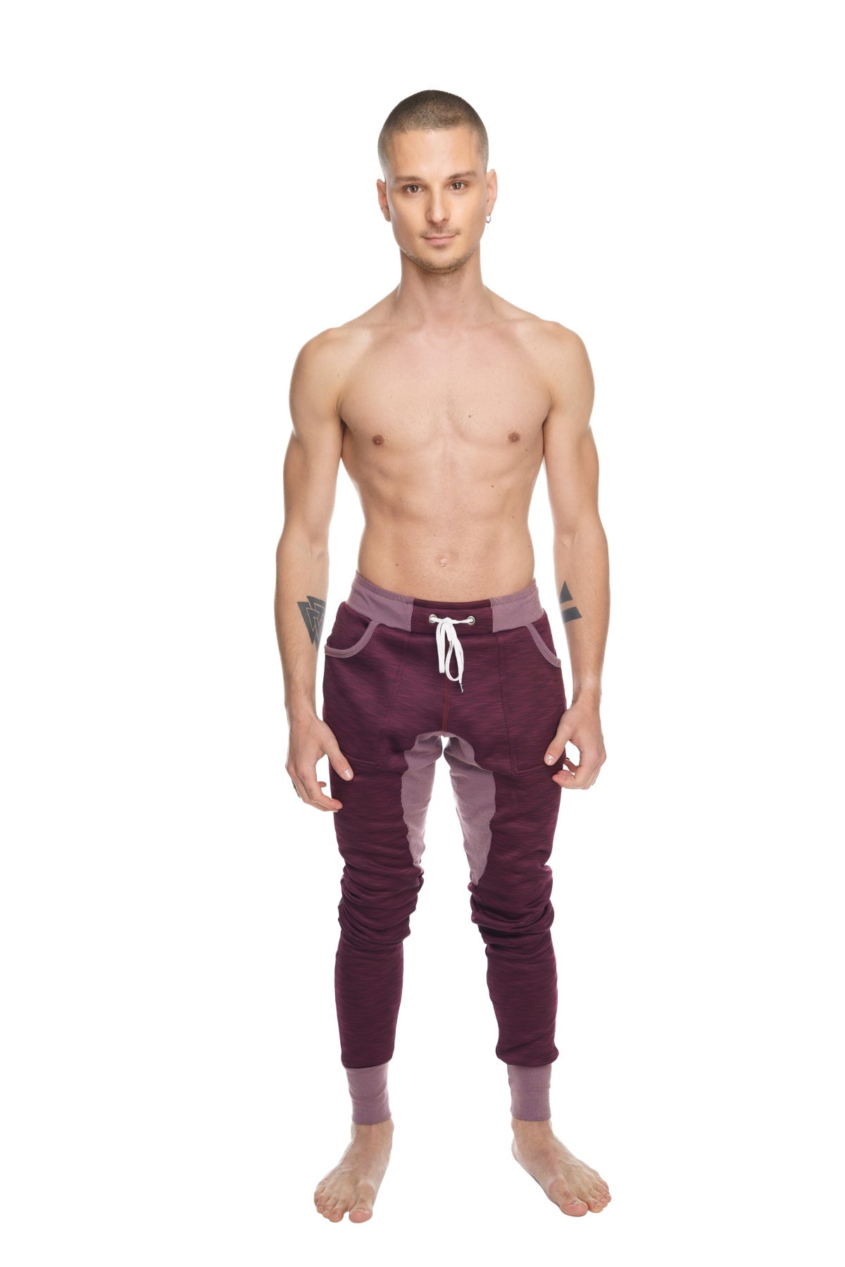 Winter edition performance-luxe-fleece long cuffed joggers in maroon and plum purple with white drawstring waistband