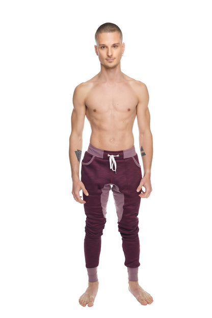 Winter edition performance-luxe-fleece long cuffed joggers in maroon and plum purple with white drawstring waistband