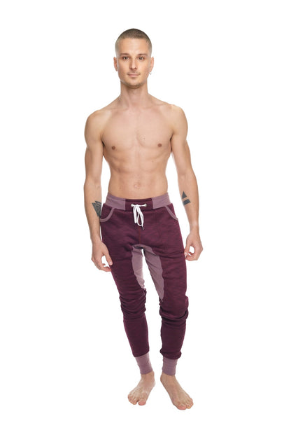 Maroon and lavender color-block winter edition performance-luxe-fleece joggers with white drawstring waistband
