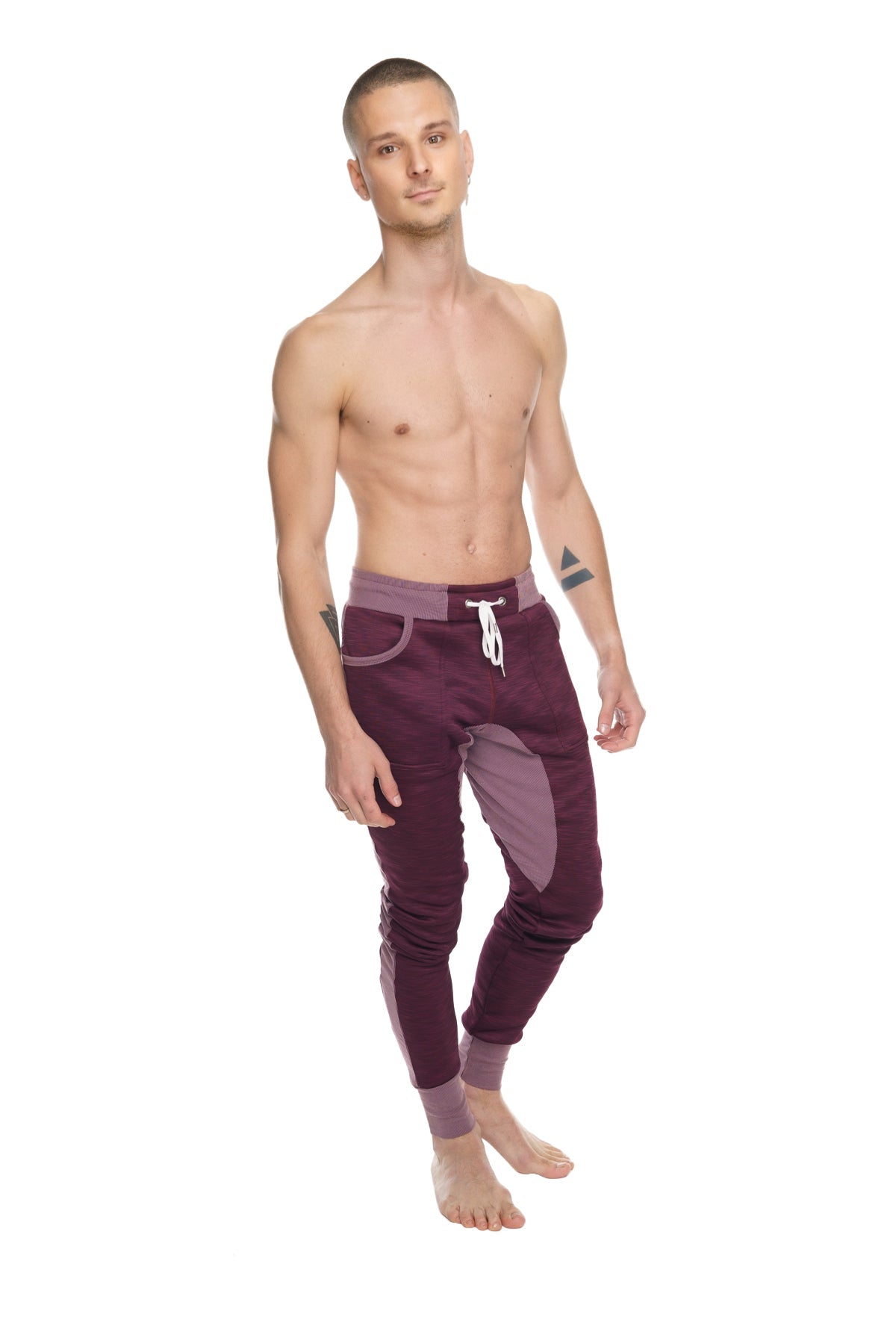 Winter edition performance-luxe-fleece long cuffed jogger in maroon and lavender with drawstring waistband for yoga