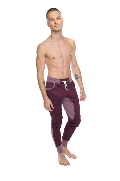 Winter edition performance-luxe-fleece long cuffed jogger in maroon and lavender with drawstring waistband for yoga