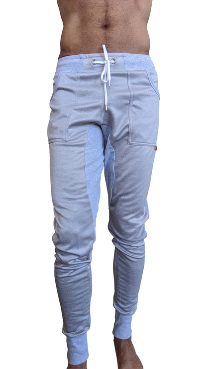 Light blue heathered winter edition performance-luxe-fleece jogger pants with white drawstring and side pockets