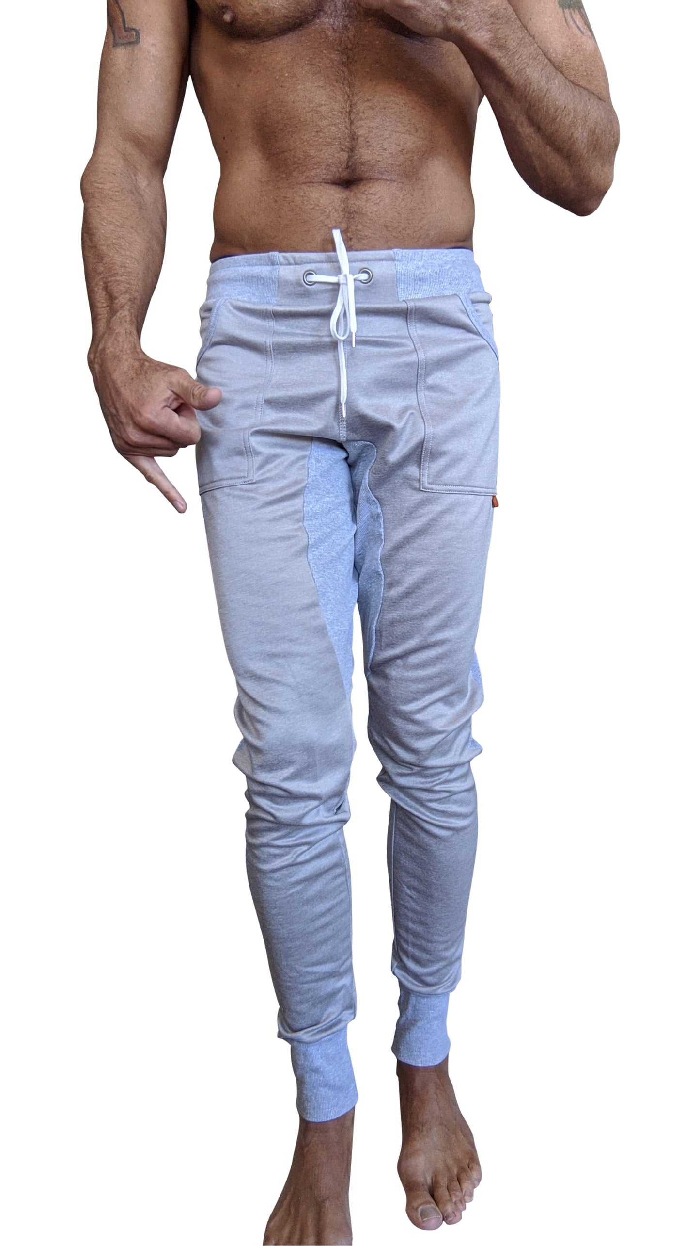Light blue performance-luxe-fleece joggers with white drawstring and subtle side pockets for winter edition wear