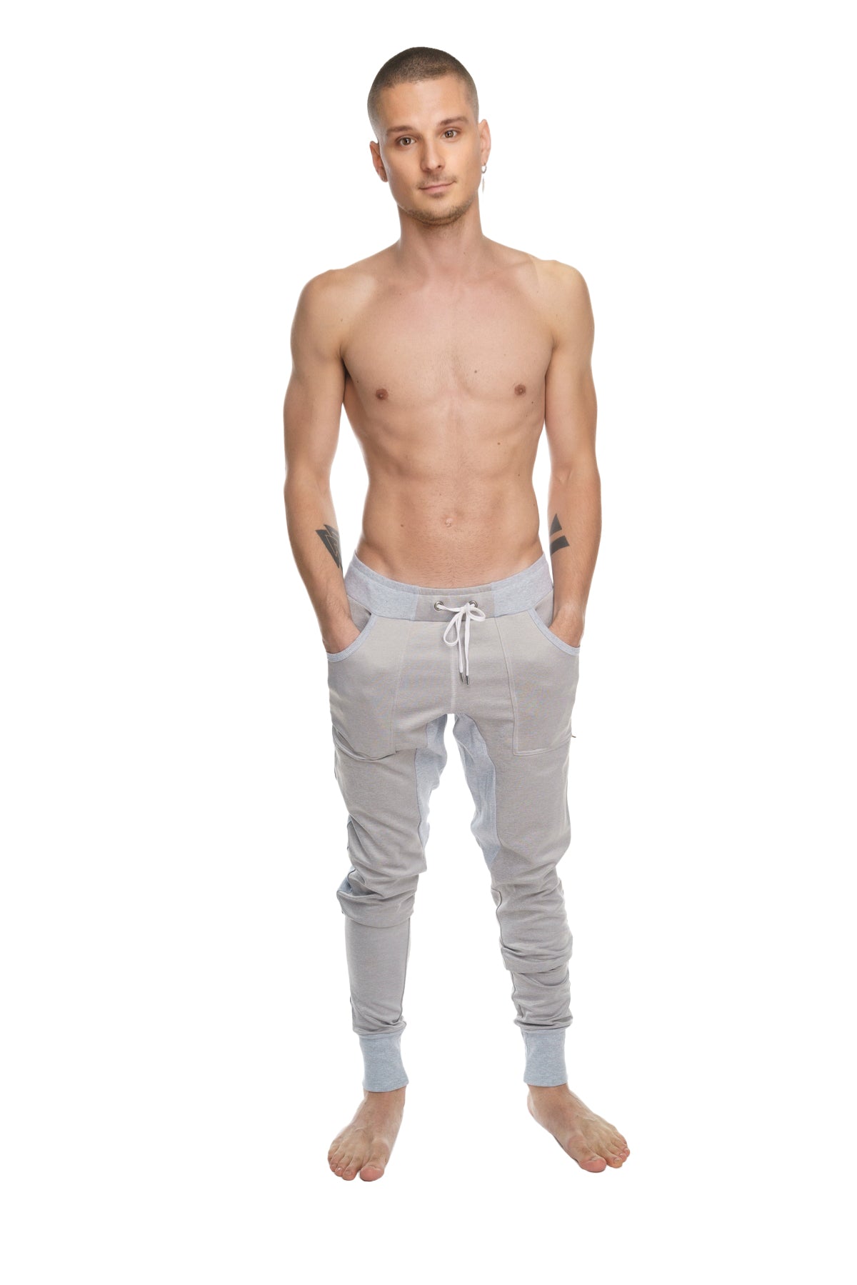 Light gray stainless steel grey fleece long cuffed jogger pants with drawstring waistband and ribbed cuffs winter edition