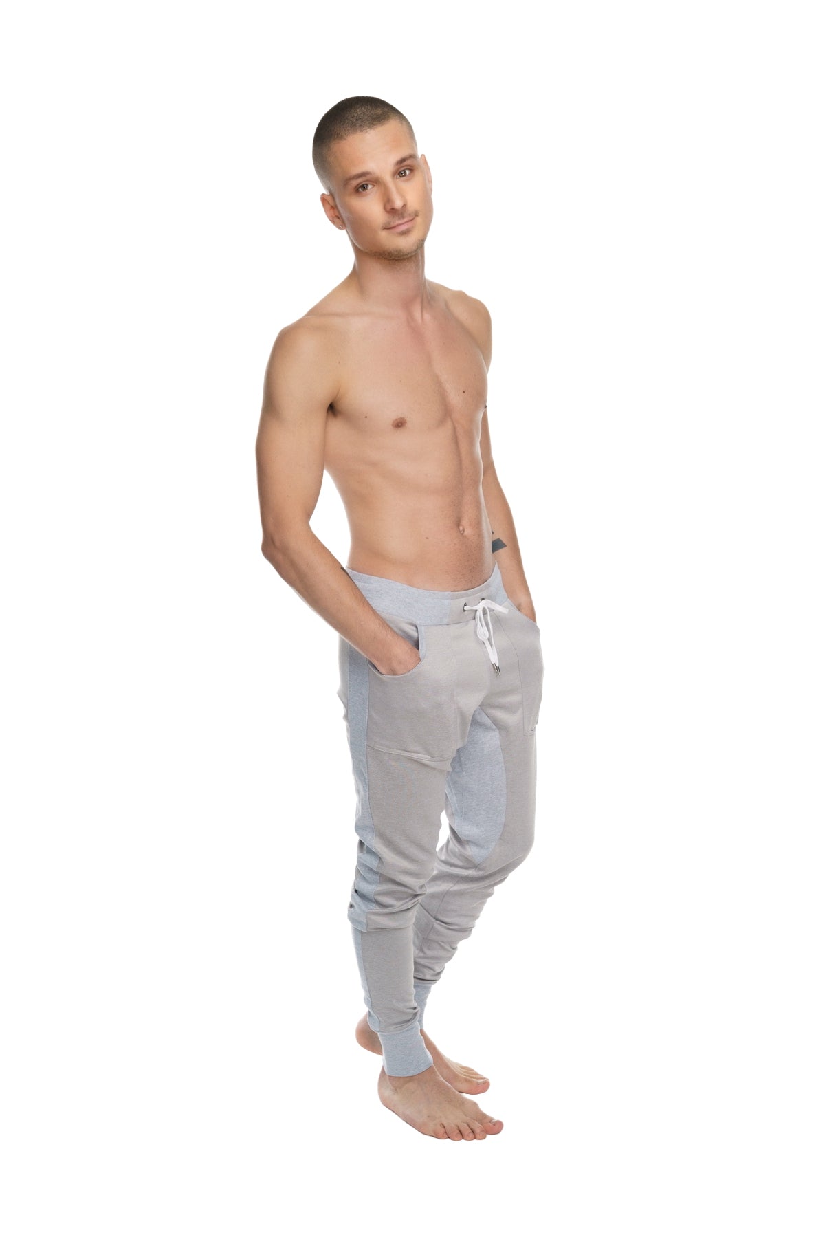 Light gray stainless steel grey winter edition performance-luxe-fleece jogger pants with drawstring waistband and tapered legs
