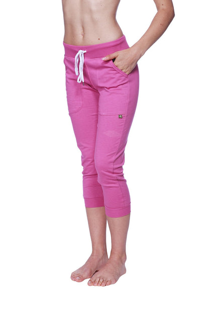 Women’s berry capri yoga pants with cuffed hem white drawstring waistband and side pockets for comfort and style