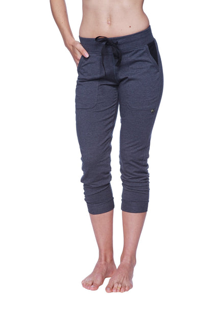 Women’s 3/4 cuffed capri yoga pants in dark heather gray with black drawstring waistband and side pockets