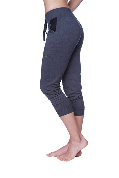 Women’s charcoal heathered 3/4 cuffed capri yoga pant with black fabric pocket and drawstring waistband