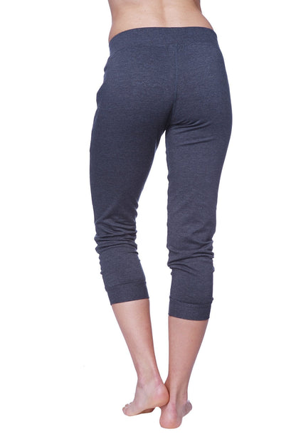 Women’s charcoal soft knit 3/4 cuffed capri yoga pant with ribbed cuffs and waistband