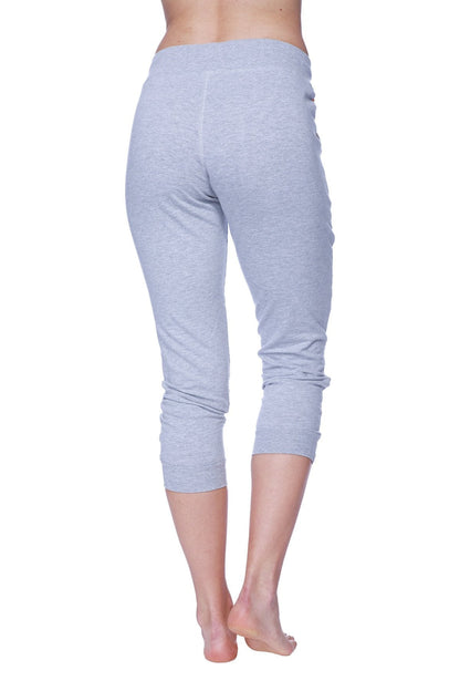 Women’s 3/4 cuffed capri yoga pants in light gray heathered soft stretchy fabric with ribbed cuffs and orange accents