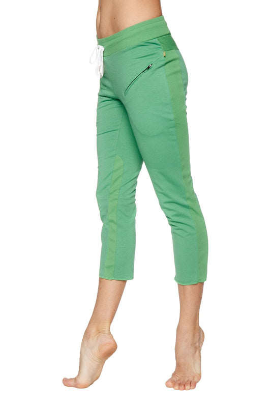 Women’s bamboo green 4/5 length capri yoga pants with high waist white drawstring and side zipper pockets
