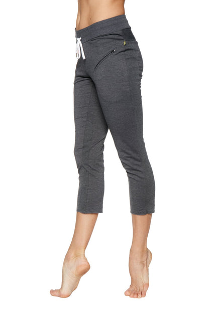 Women’s charcoal 4/5 length zipper pocket capri yoga pant with drawstring waistband and side pockets