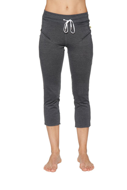 Women’s charcoal 4/5 length heathered capri yoga pants with white drawstring waistband and side zipper pockets