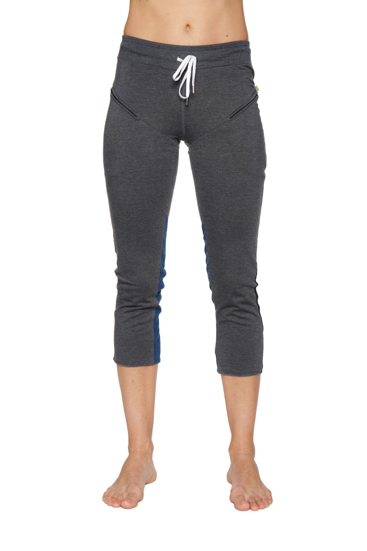 Women’s charcoal capri yoga pants with blue side panels and white drawstring waistband for activewear