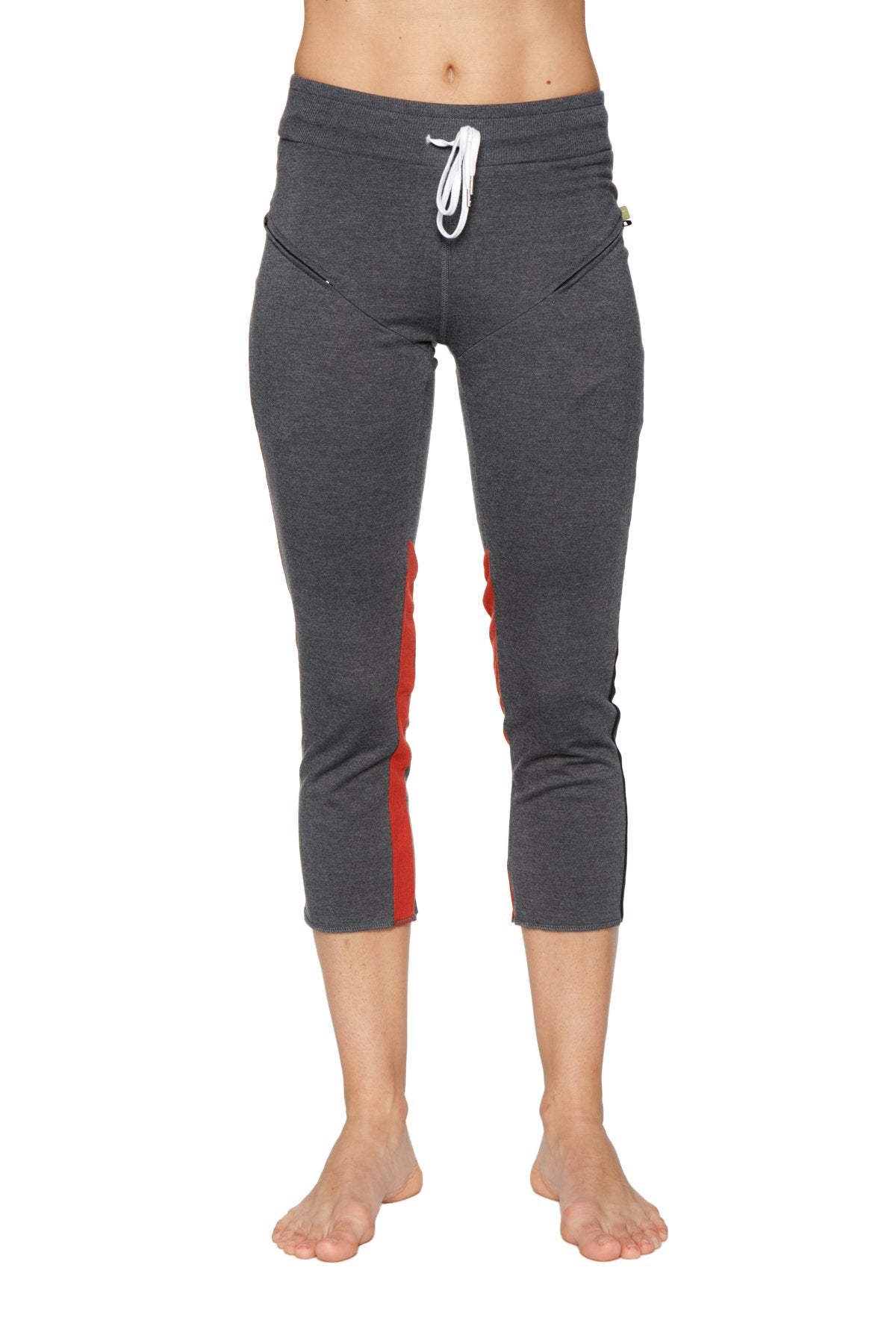 Women’s charcoal gray heathered 4/5 length zipper pocket capri yoga pant with red side stripes and white drawstring waistband