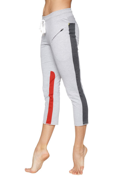 Women’s 4/5 length zipper pocket capri yoga pant in grey charcoal and red with drawstring waistband