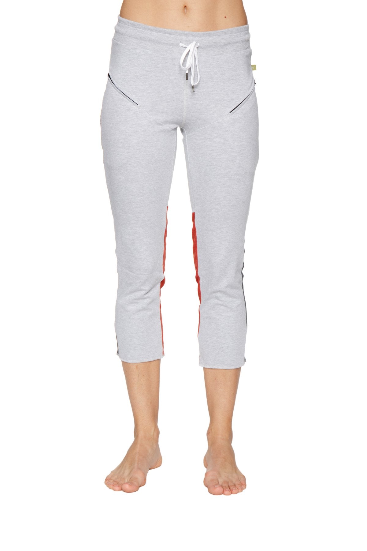 Women’s grey 4/5 length capri yoga pant with red and black side stripes white drawstring waistband and zipper pockets