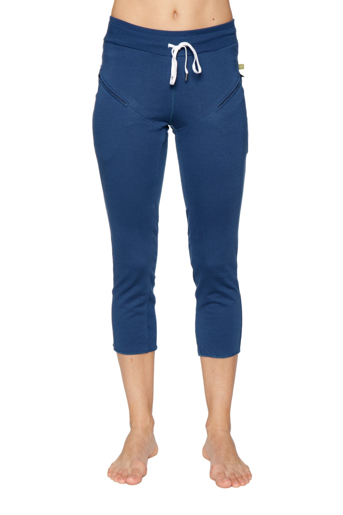 Navy blue women’s 4/5 length zipper pocket capri yoga pants with white drawstring waistband and side pockets