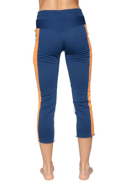Women’s royal blue orange and grey 4/5 length high-waisted capri yoga pants with zipper pockets