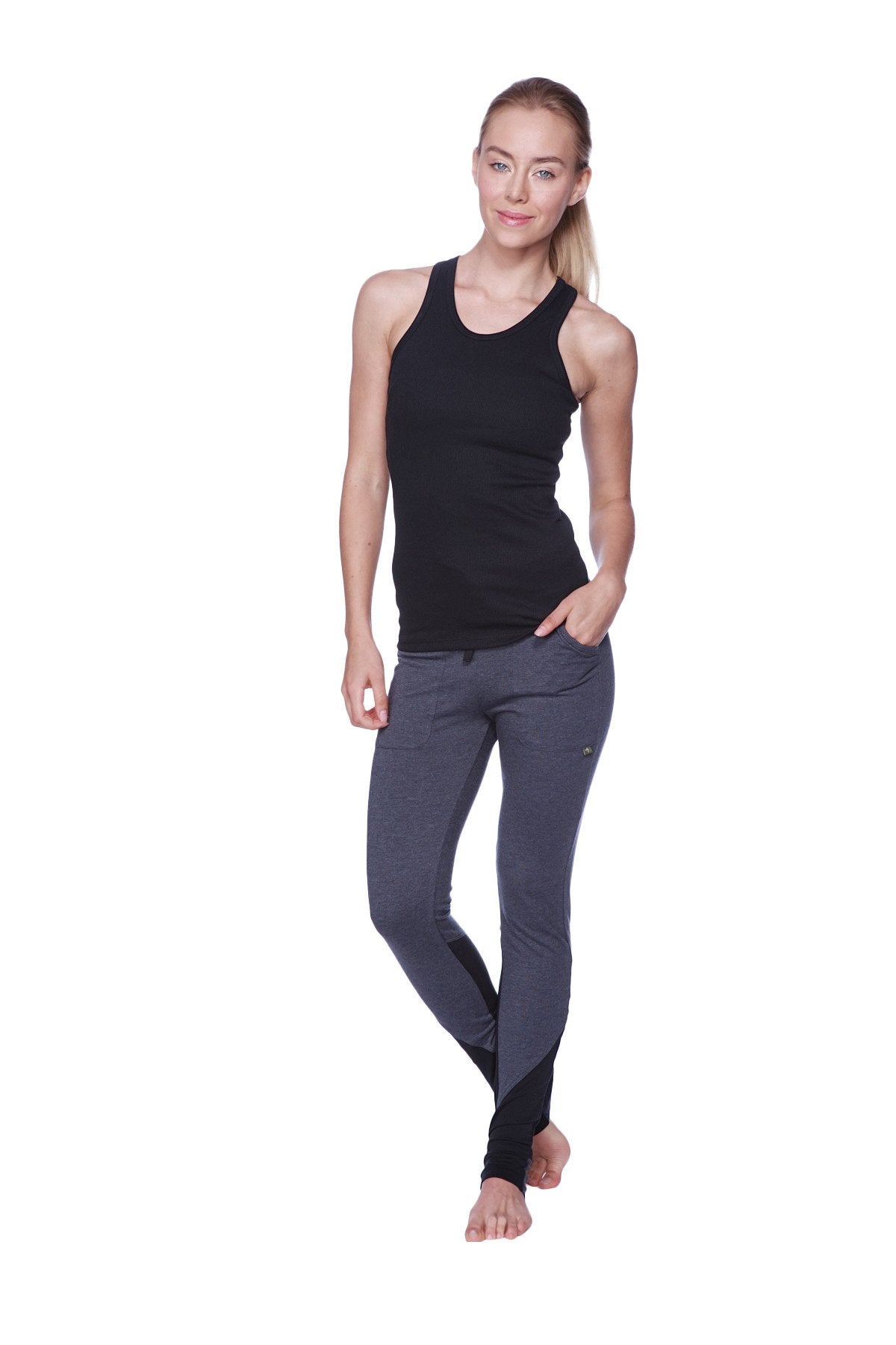 Black and gray sleek form-fitting athletic leggings paired with women’s all-american racerback tank top black